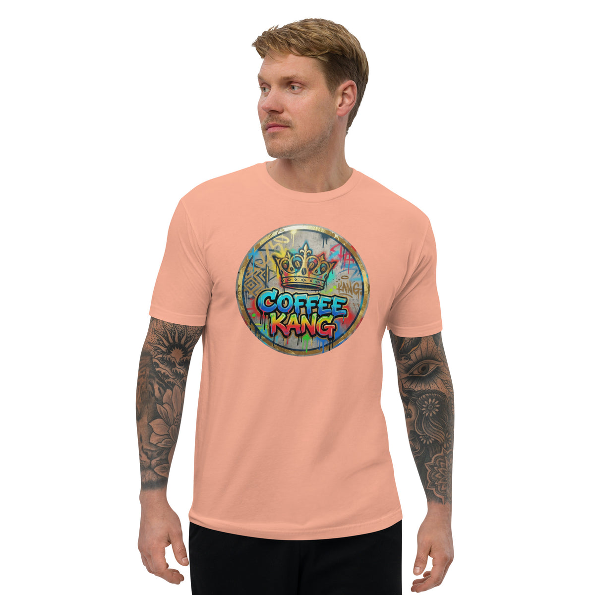 comfortable short sleeve t-shirt in peach color featuring Coffee Kang graphic design