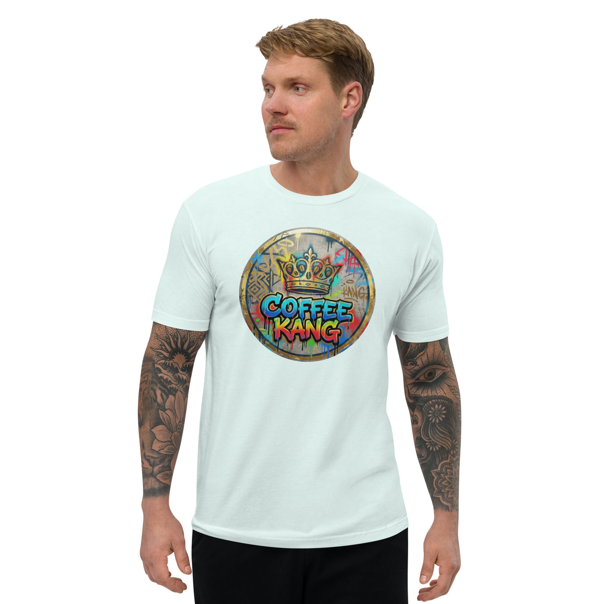 Man wearing a comfortable short sleeve t-shirt with a bold &