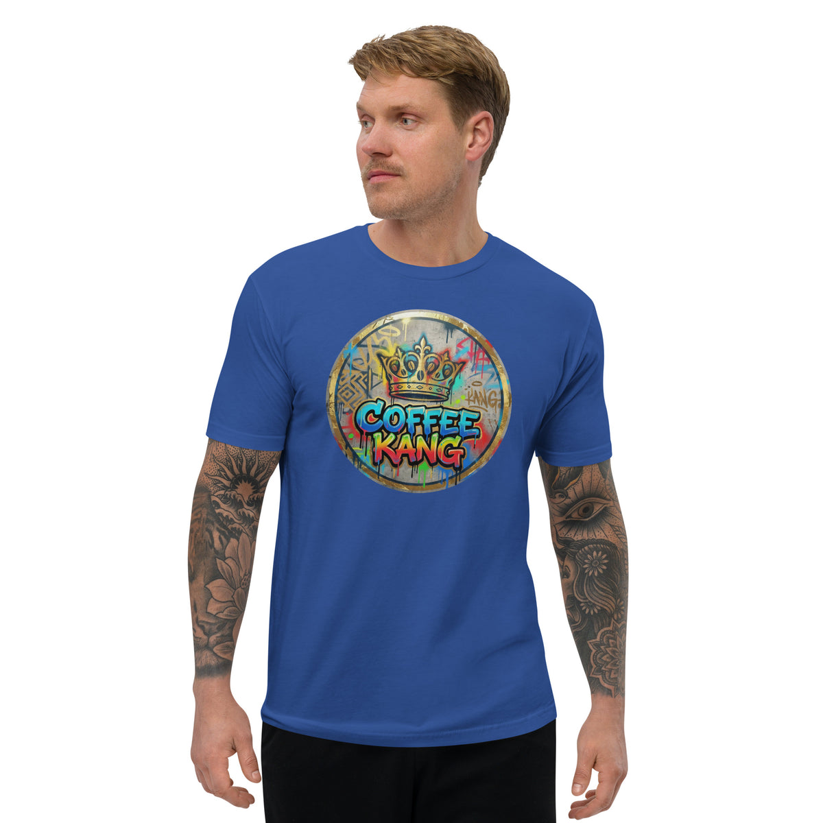 Man wearing a blue comfortable short sleeve t-shirt with a colorful &