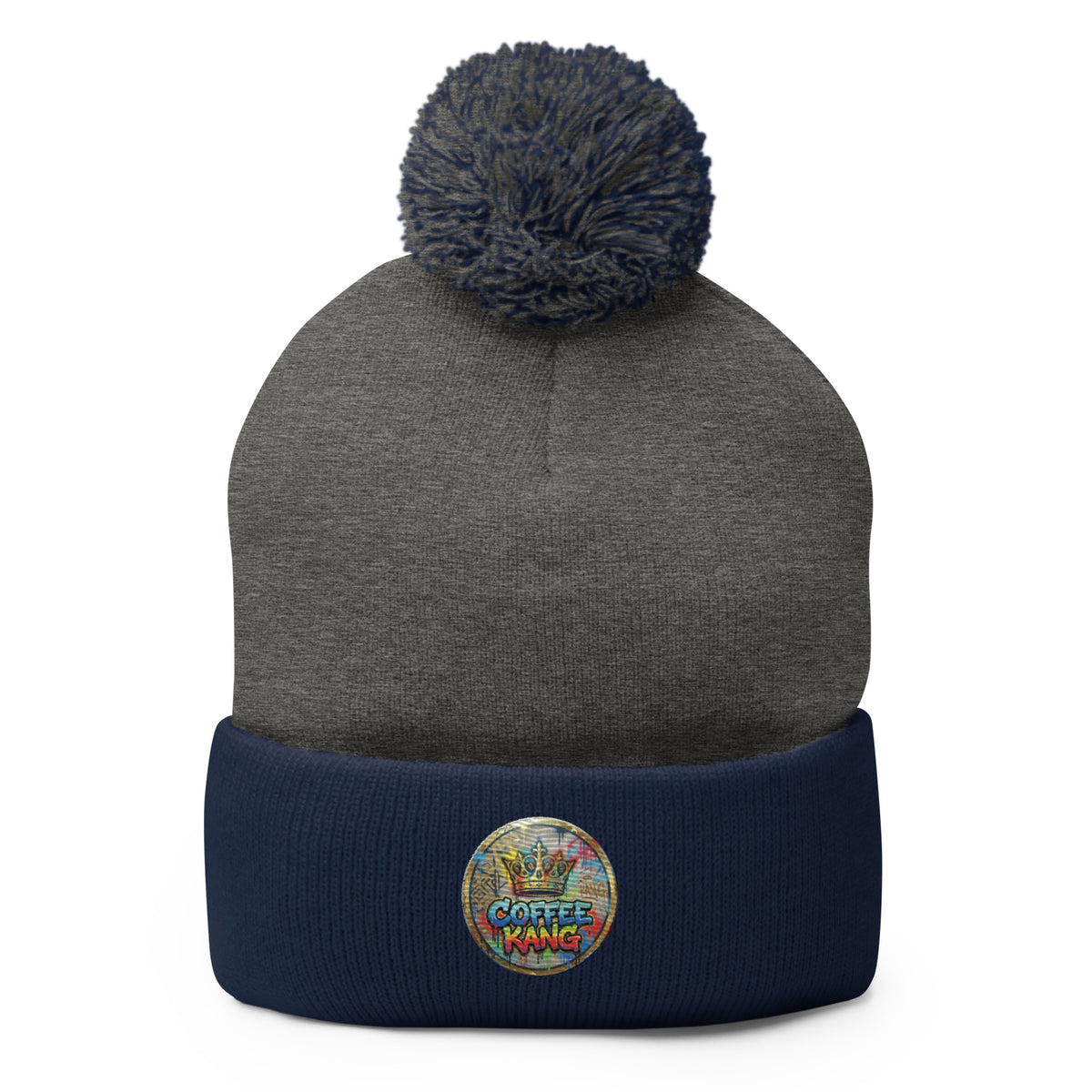 pom-pom beanie knitting featuring a gray top and navy cuff with a colorful Coffee Kang logo