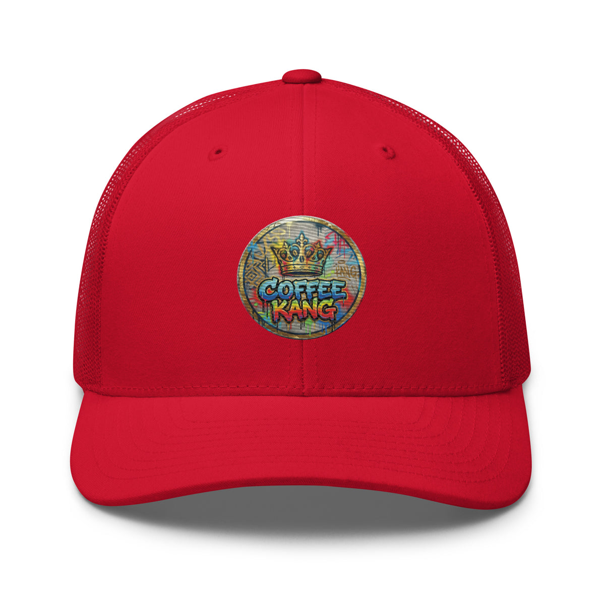 trucker cap with mesh back in red featuring Coffee Kang graphic design on the front.