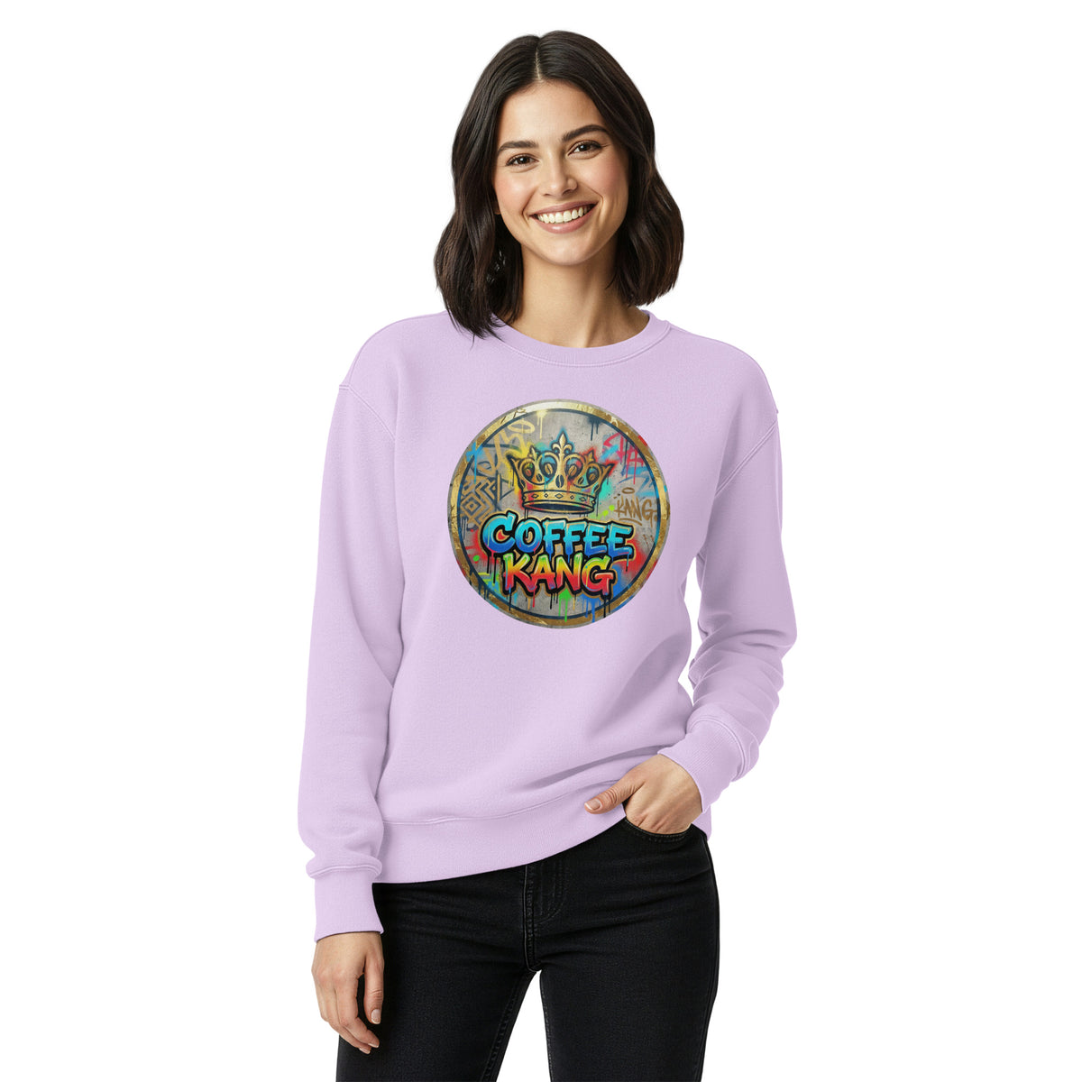 Unisex garment-dyed sweatshirt in lavender color with a vibrant &