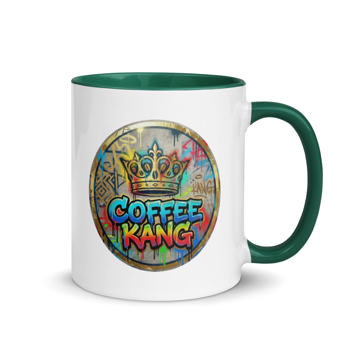 Colorful ceramic coffee mug with a graffiti design featuring a crown and the text &