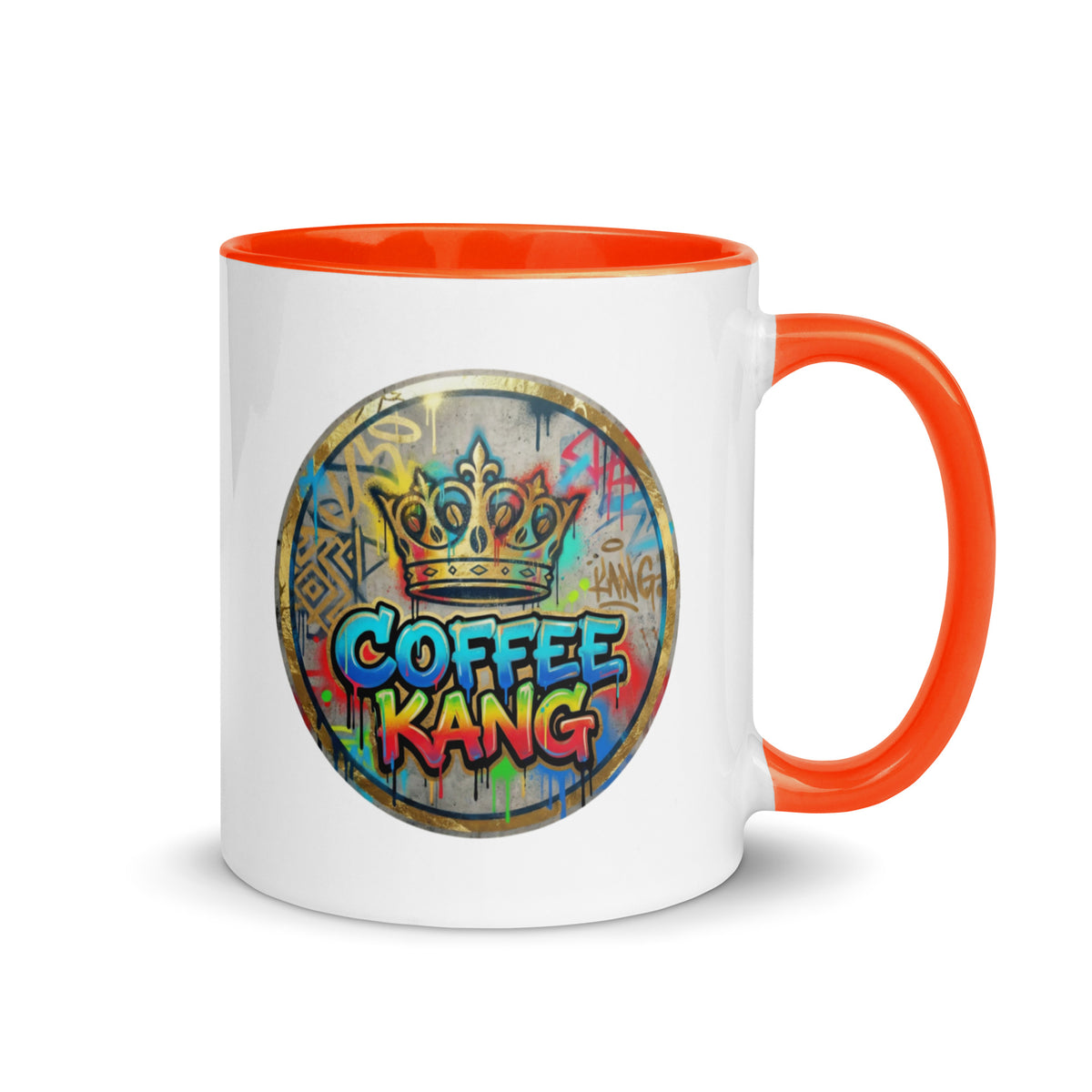 Colorful ceramic coffee mug with a crown design and vibrant orange accent, perfect for coffee or tea.