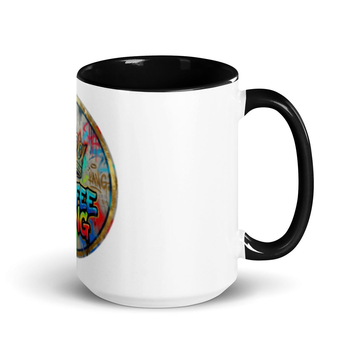 colorful ceramic coffee mug with a stylish black handle and colorful graffiti design on the front