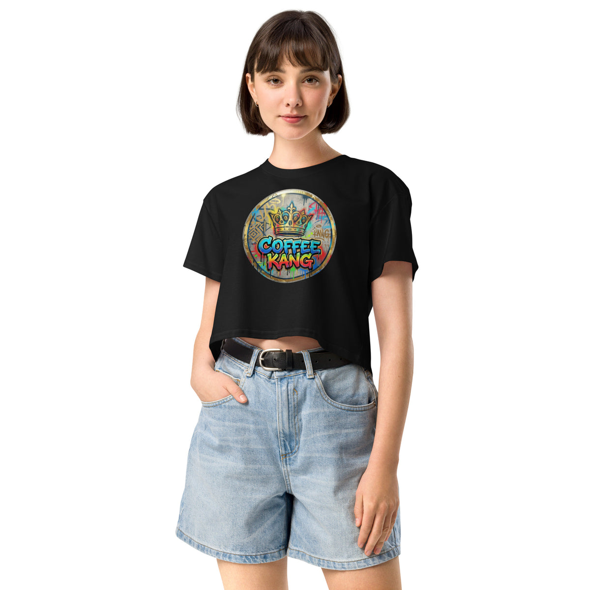 Combed cotton women's crop top featuring colorful 'Coffee Kang' graphic design on a black shirt.