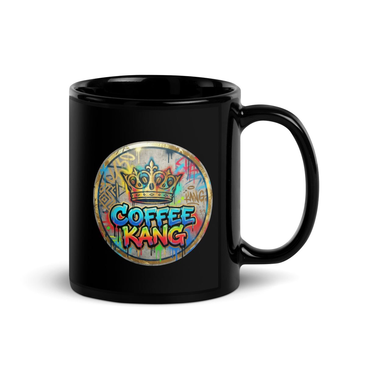black glossy ceramic mug featuring colorful graffiti art and text 'COFFEE KANG' on a round emblem.