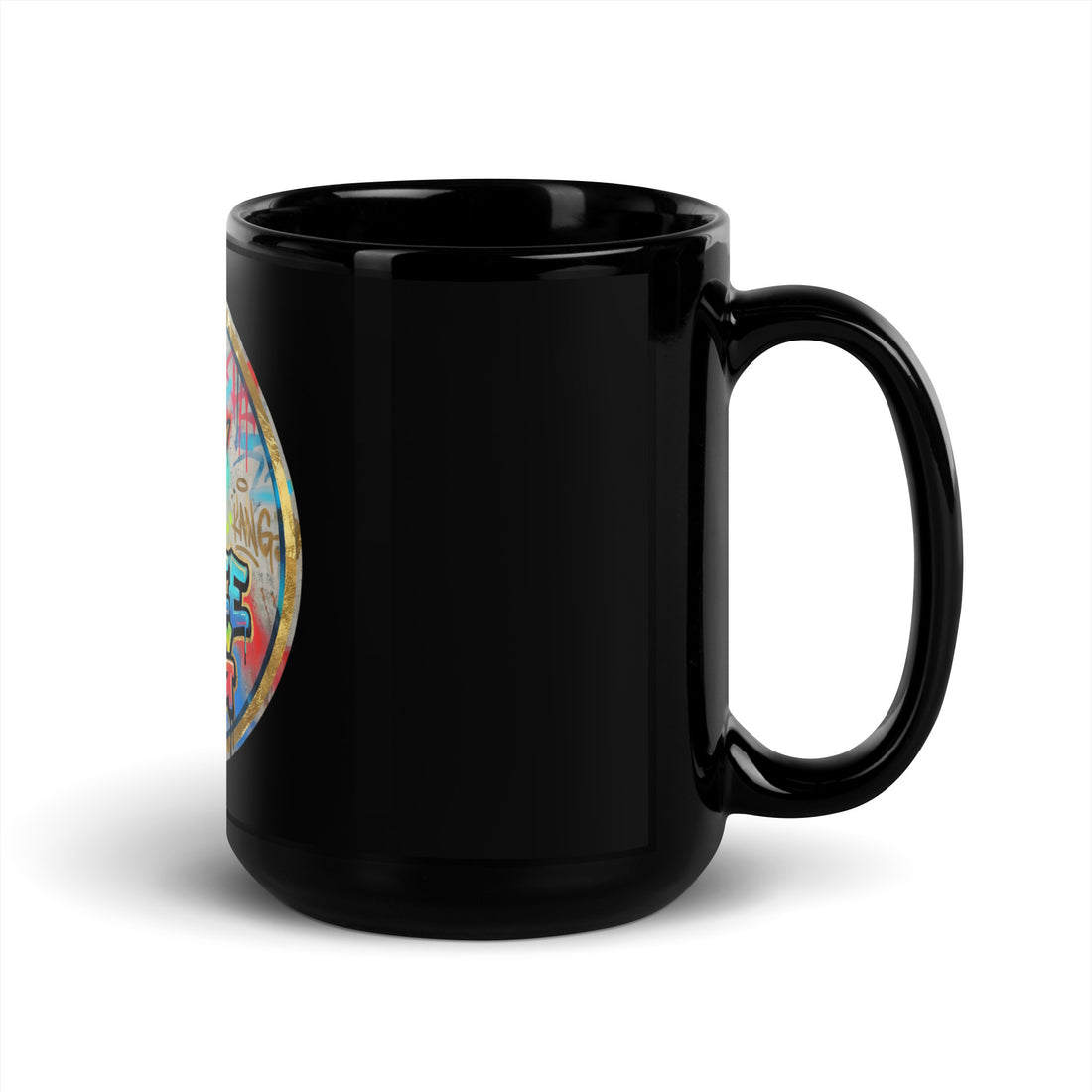 black glossy ceramic mug showcasing a vibrant design on a glossy finish, ideal for coffee or tea.