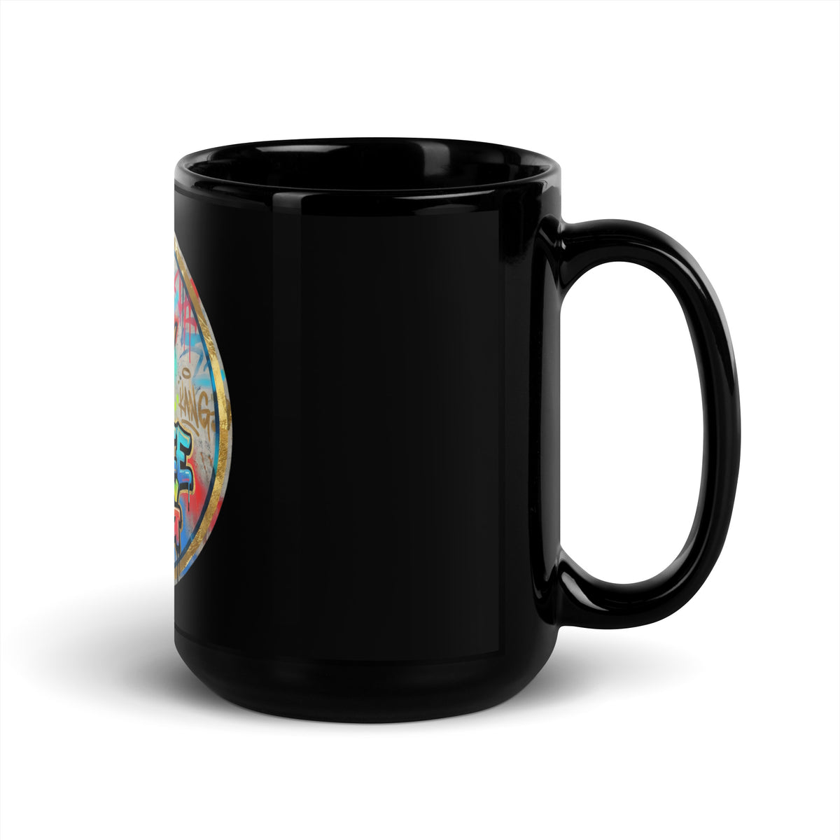 black glossy ceramic mug showcasing a vibrant design on a glossy finish, ideal for coffee or tea.