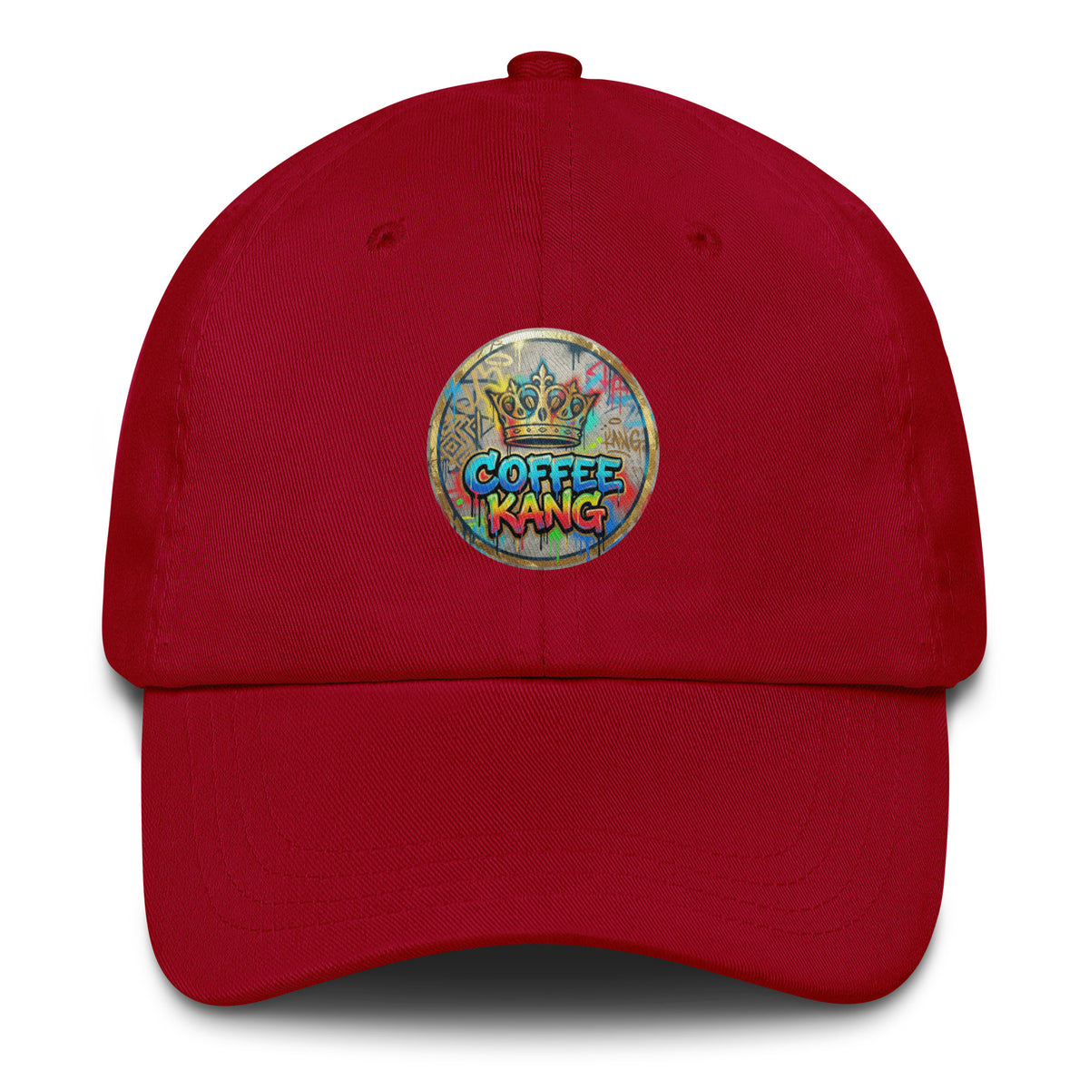 Adjustable dad hat in red featuring a colorful Coffee Kang logo and a curved visor.