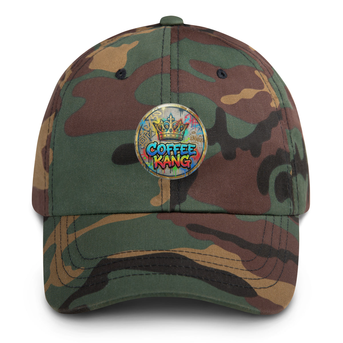 adjustable dad hat in green camo with a colorful &