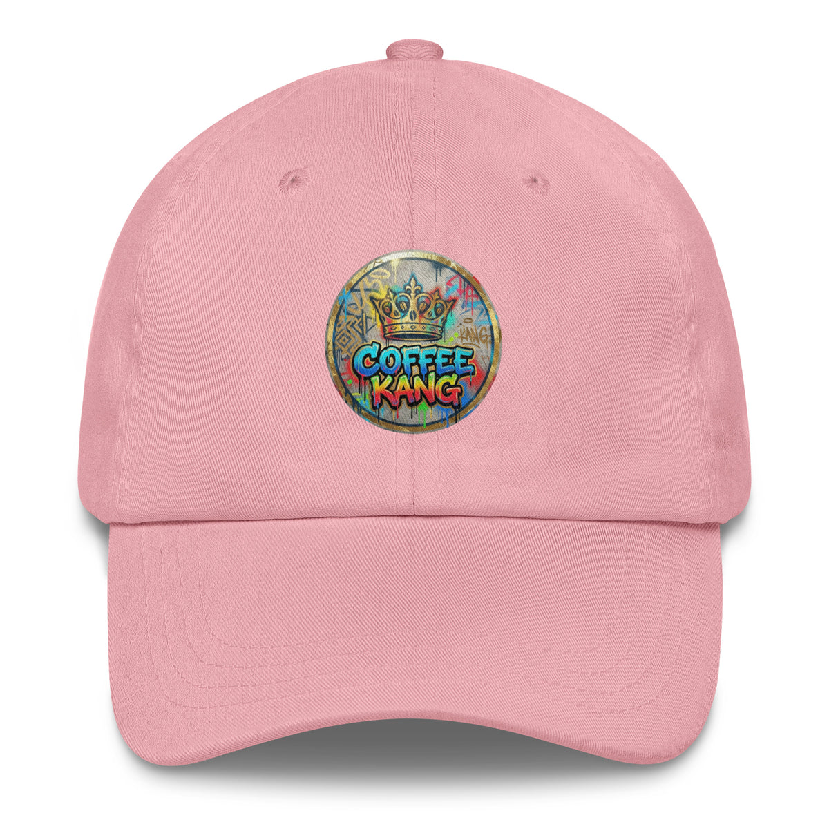 Adjustable dad hat in pink with a colorful &