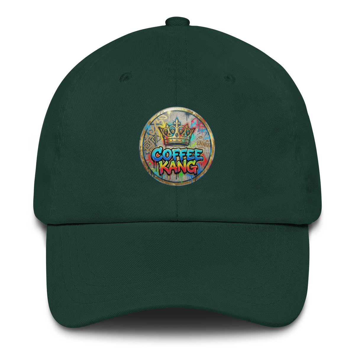 Adjustable dad hat in green with Coffee Kang embroidered logo, featuring a low profile and adjustable strap.