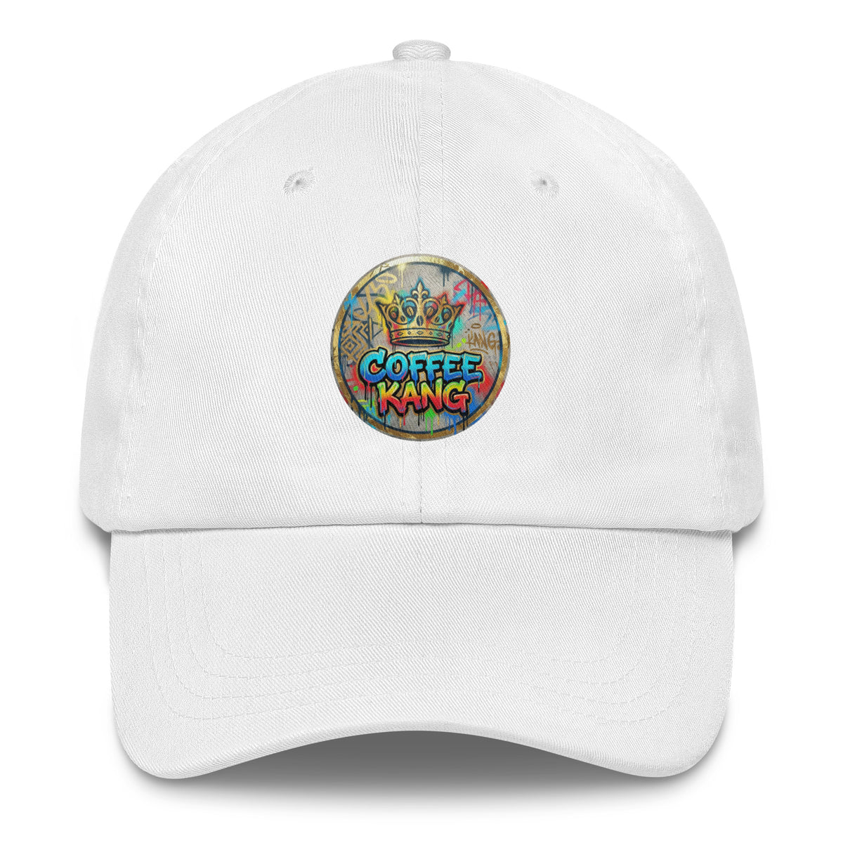 Adjustable dad hat in white with Coffee Kang logo and colorful design.