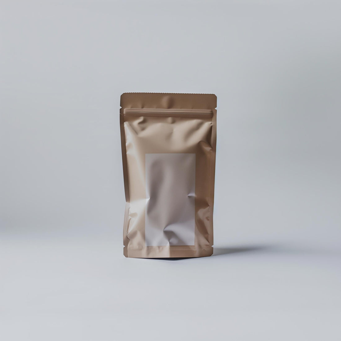 WA example product bag in a sleek, shiny beige packaging, perfect for showcasing contents.