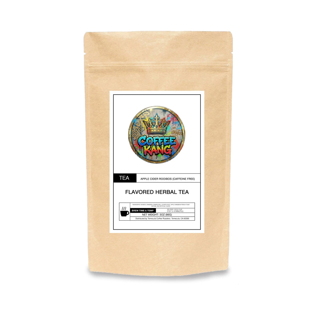 apple cider rooibos tea package with colorful label showcasing flavored herbal tea.