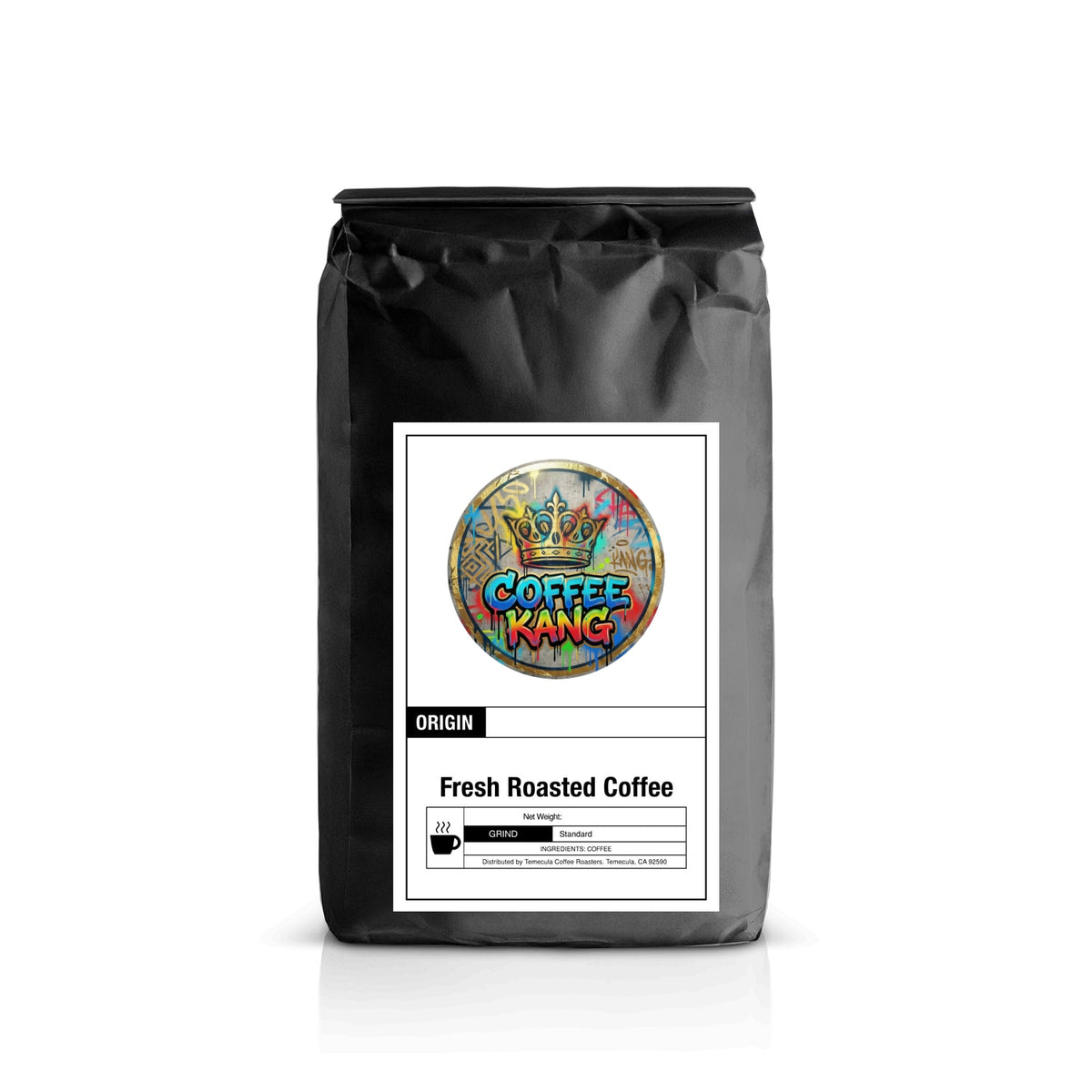 Black bag of fresh roasted coffee labeled Coffee Kang, featuring colorful logo and origin details.