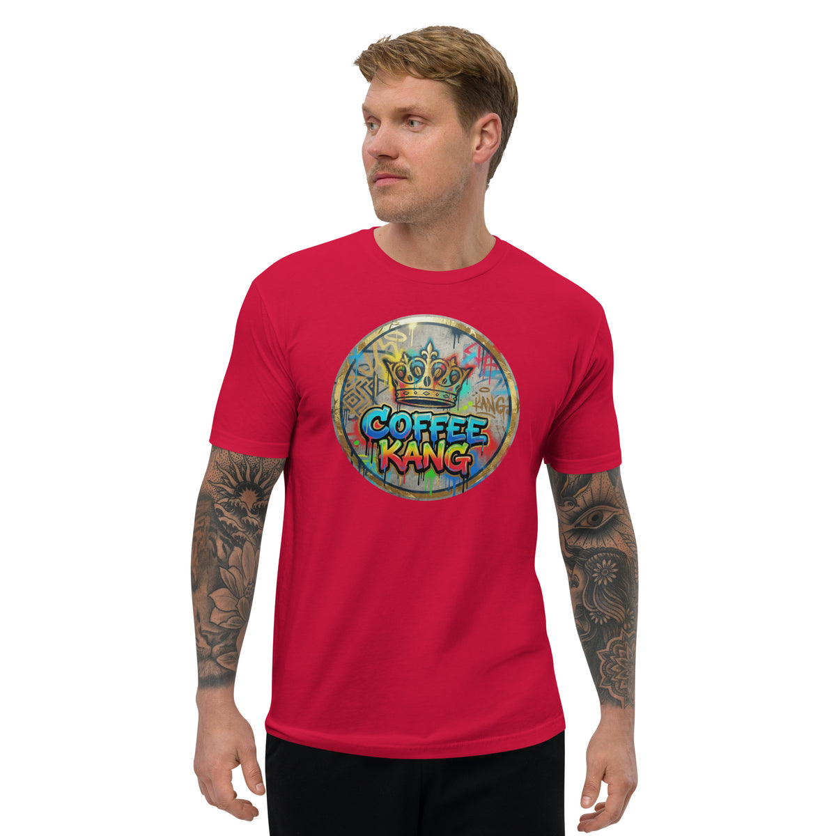 man wearing a red comfortable short sleeve t-shirt with a &