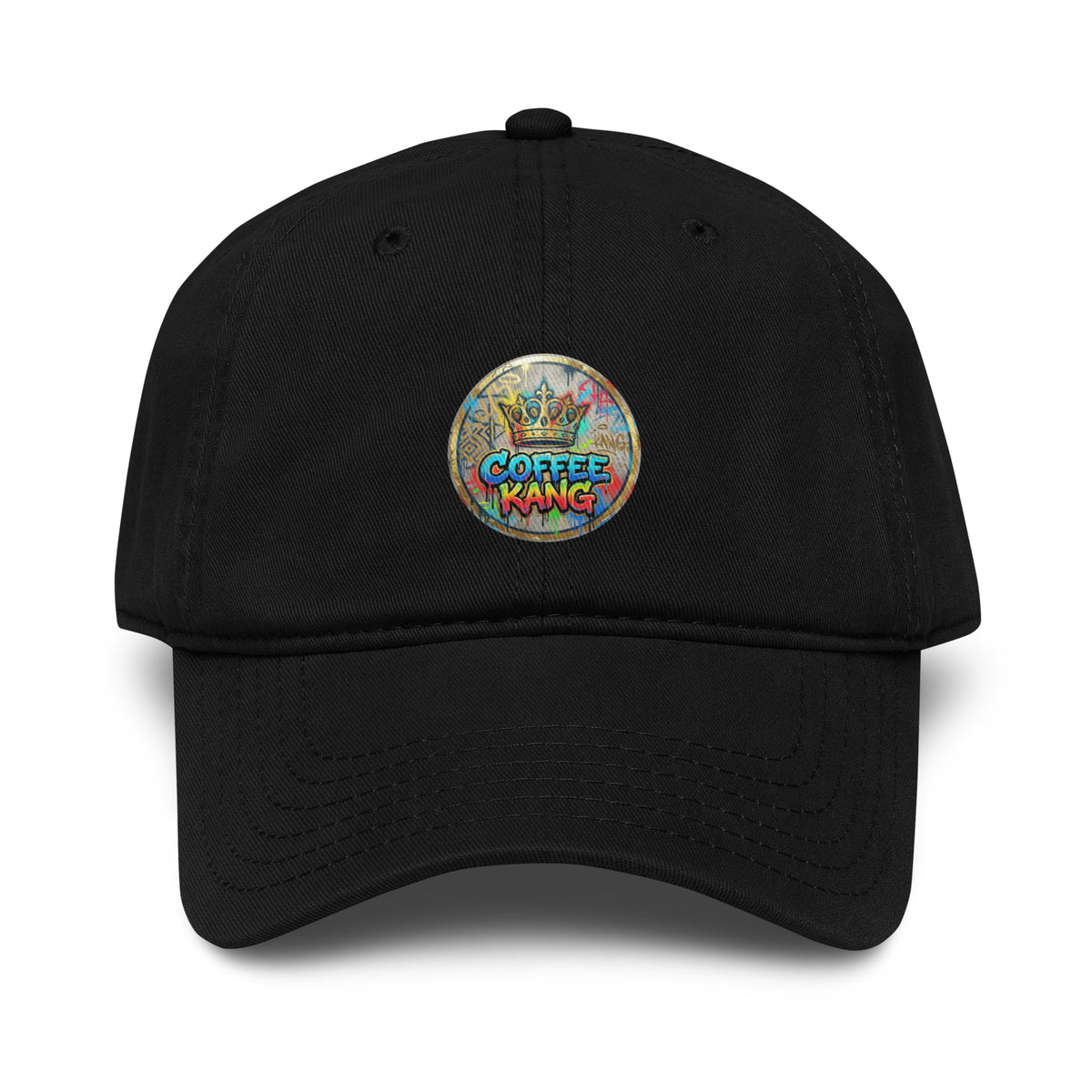 garment washed baseball cap featuring Coffee Kang logo on black fabric background