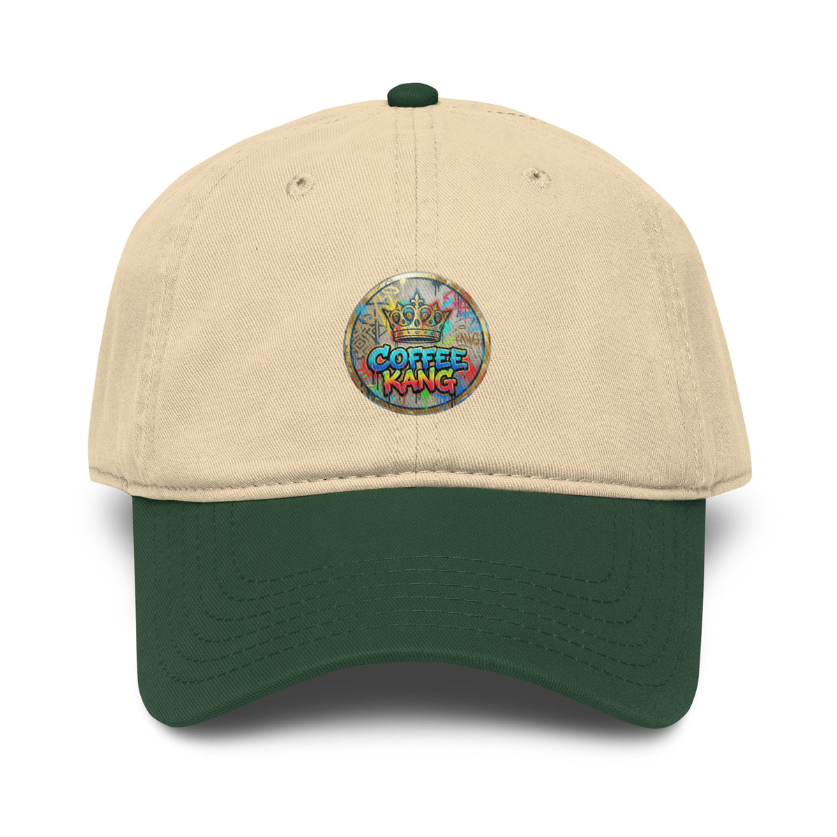 garment washed baseball cap featuring Coffee Kang logo on front with a green visor and beige crown.