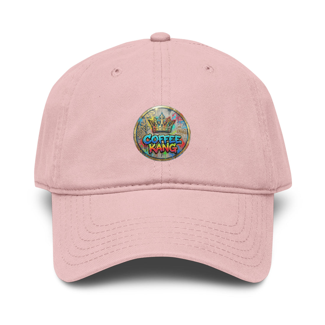 garment washed baseball cap in soft pink with colorful Coffee Kang logo on front.
