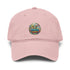 garment washed baseball cap in soft pink with colorful Coffee Kang logo on front.
