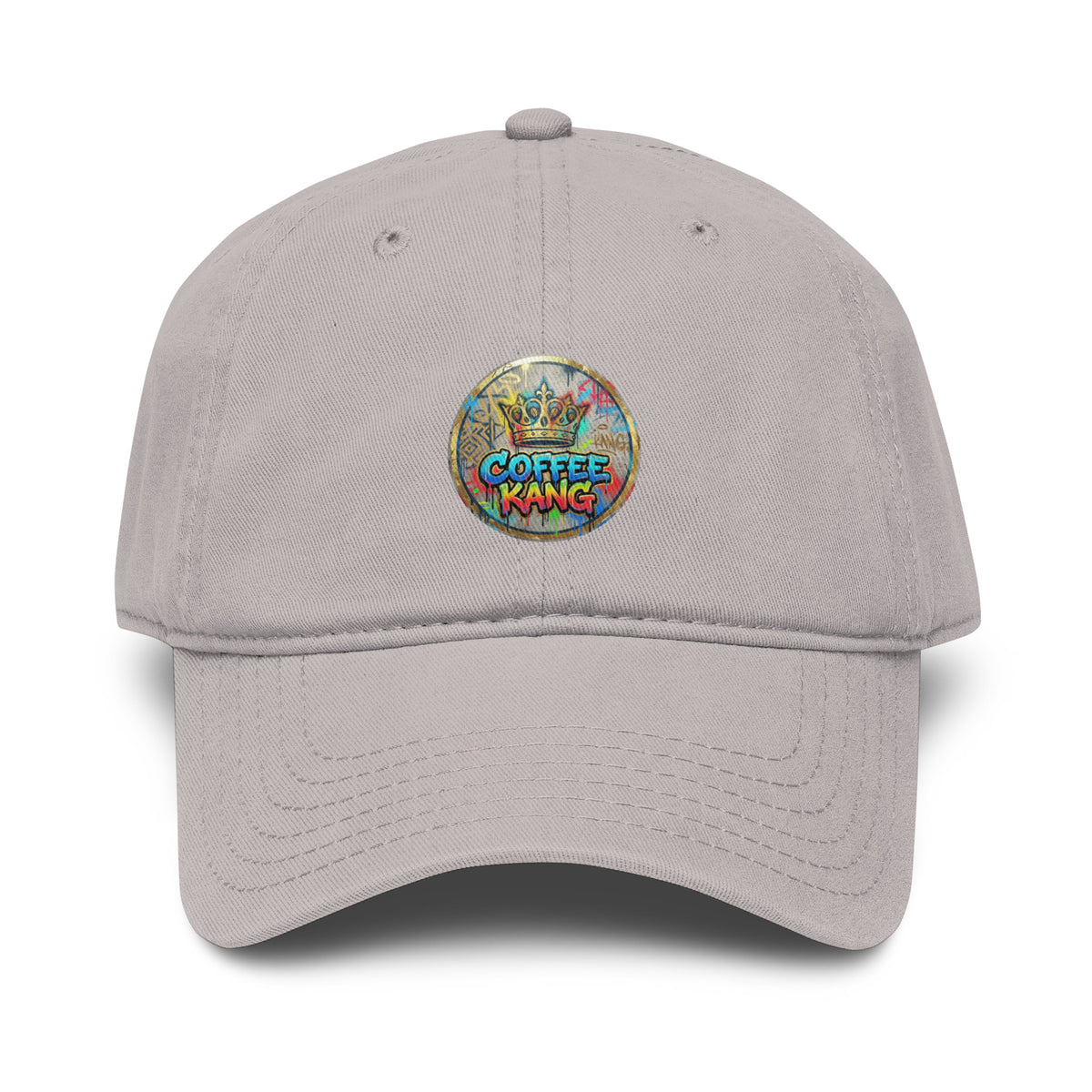 garment washed baseball cap with colorful Coffee Kang logo on the front, featuring soft cotton and adjustable strap.
