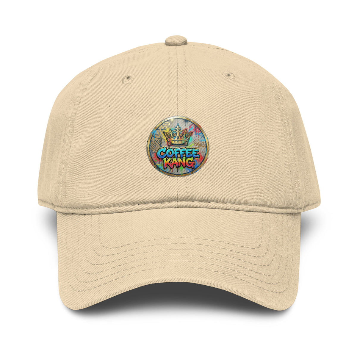 garment washed baseball cap with Coffee Kang design, soft crown, adjustable strap, and pre-curved visor