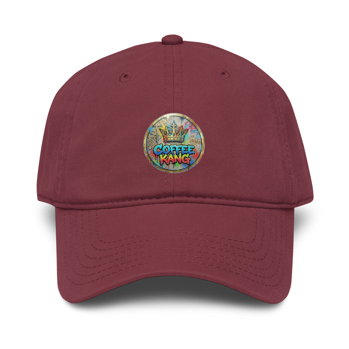 Garment washed baseball cap in maroon with a colorful Coffee Kang logo on the front.