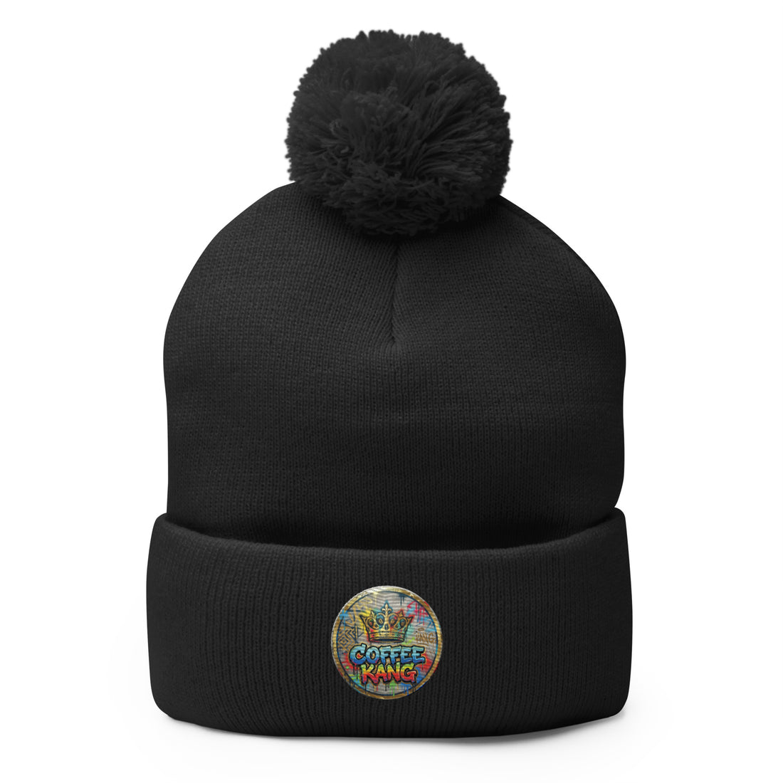 pom-pom beanie knitting featuring a black knitted hat with a colorful logo and pom-pom on top.