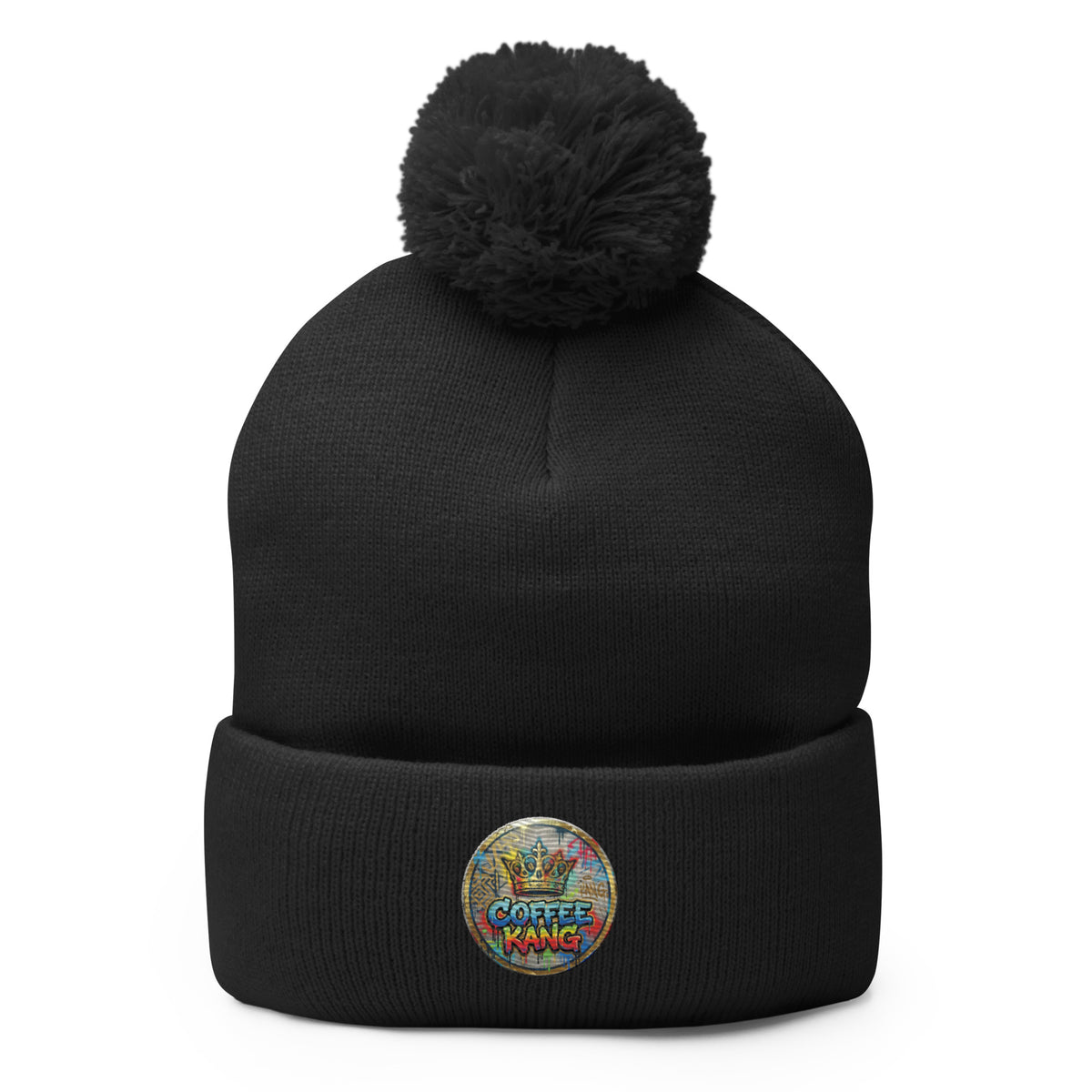 pom-pom beanie knitting featuring a black knitted hat with a colorful logo and pom-pom on top.