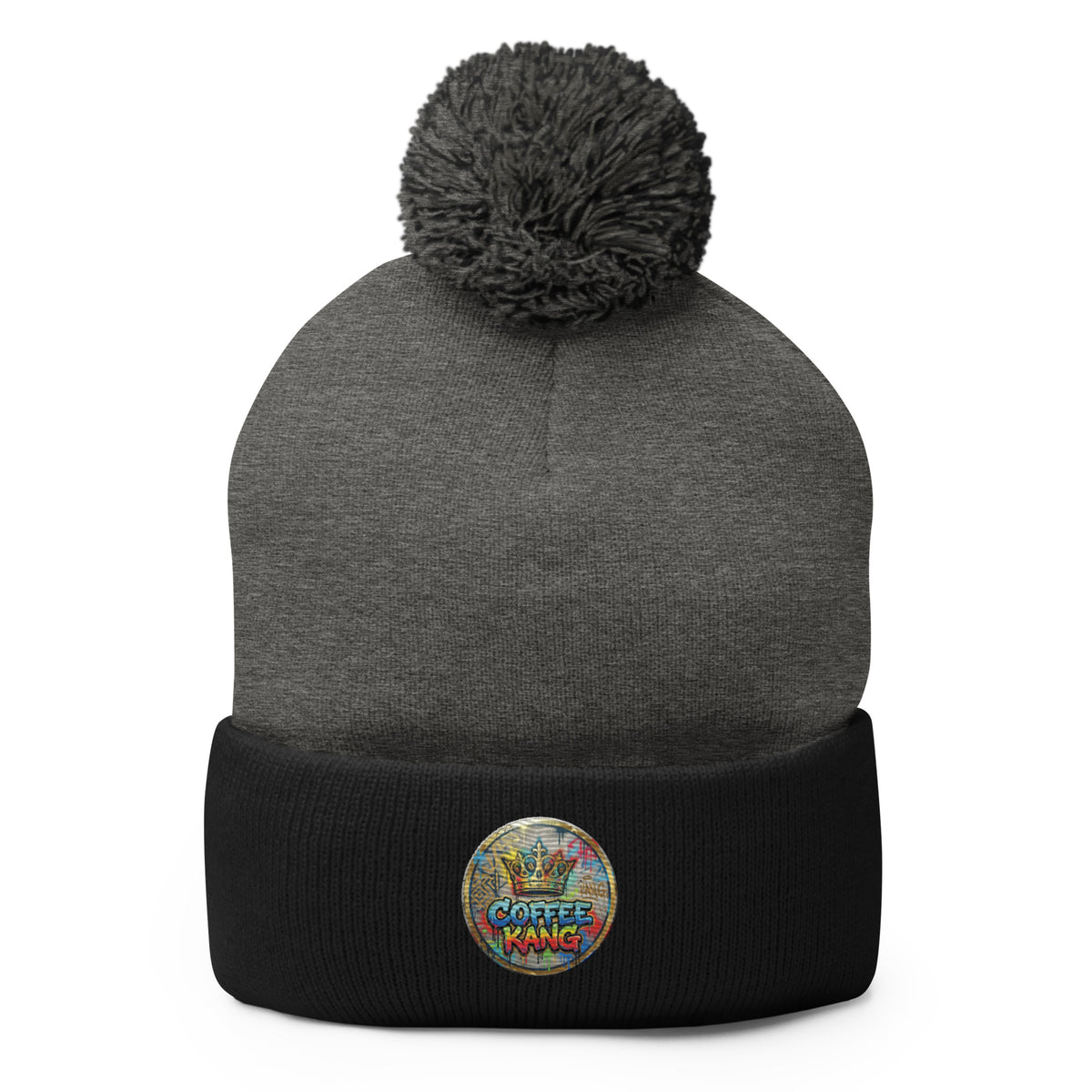 pom-pom beanie knitting with a braid design and embroidered Coffee Kang logo, perfect for winter wear.
