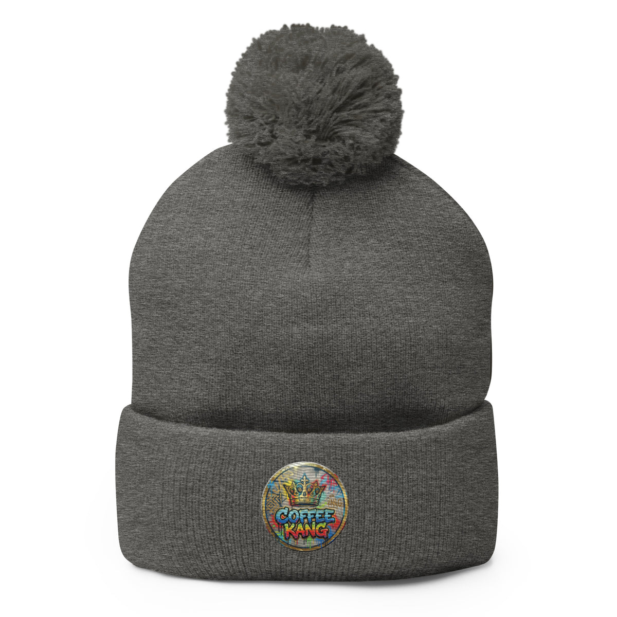pom-pom beanie knitting with Coffee Kang logo, grey knitted hat with pom-pom on top, perfect for cold weather.