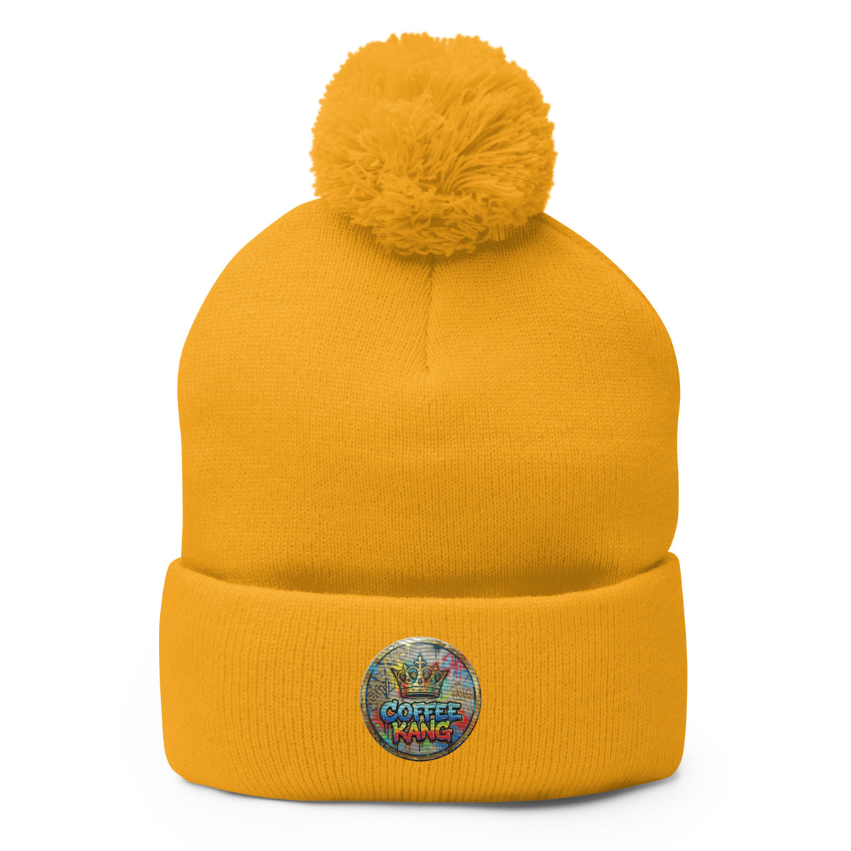 pom-pom beanie knitting in yellow with logo and fluffy pom-pom on top, perfect for winter wear