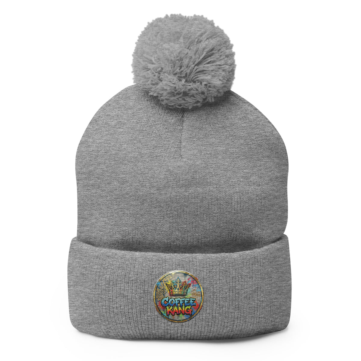 Gray pom-pom beanie knitting with embroidered logo for warmth and style.