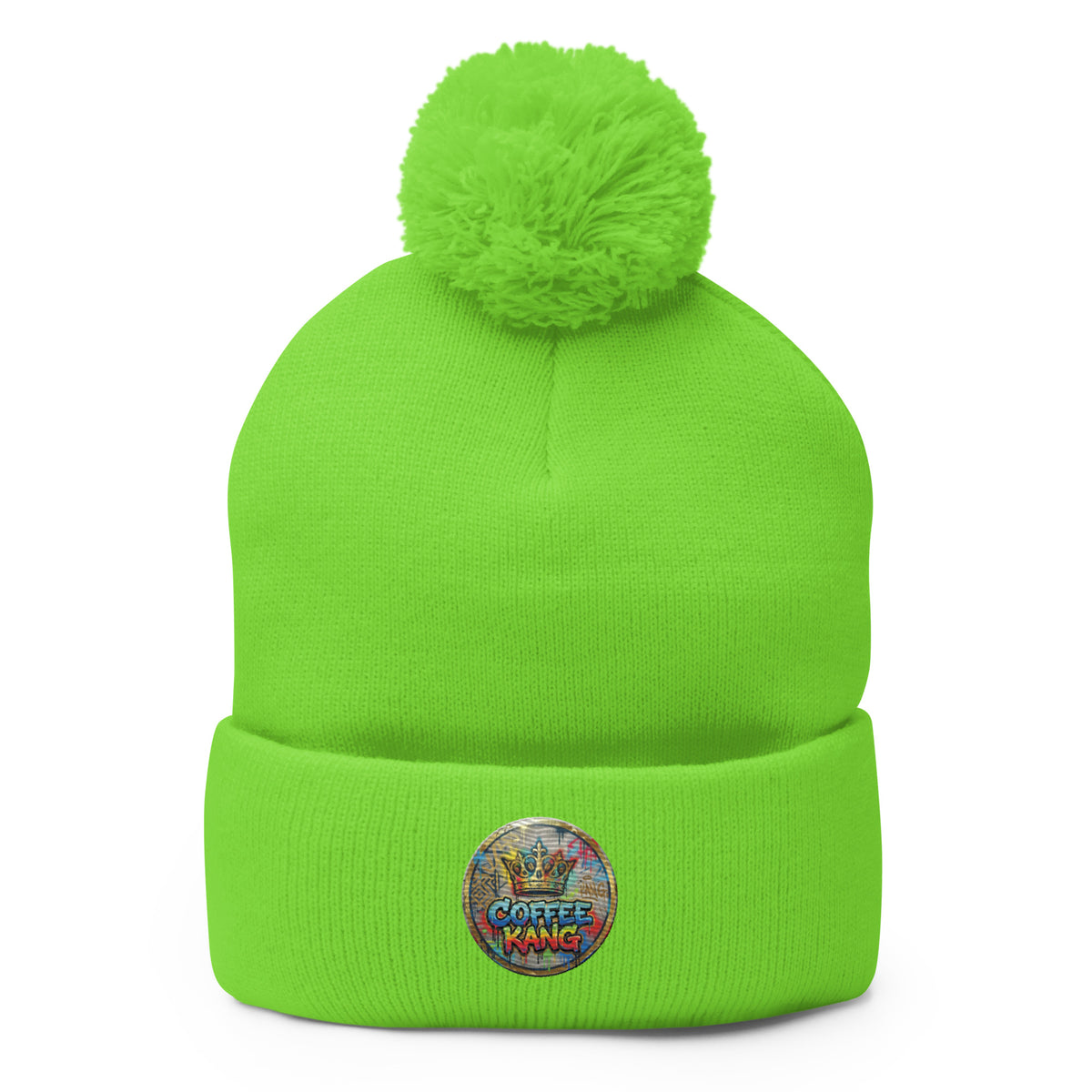Bright green pom-pom beanie knitting with &