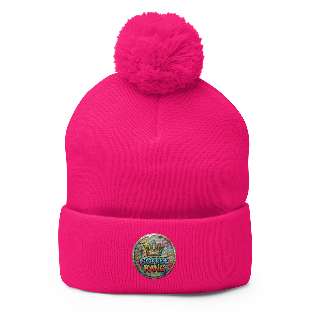 Bright pink pom-pom beanie knitting with a fold-over cuff and logo design, perfect for cold weather.