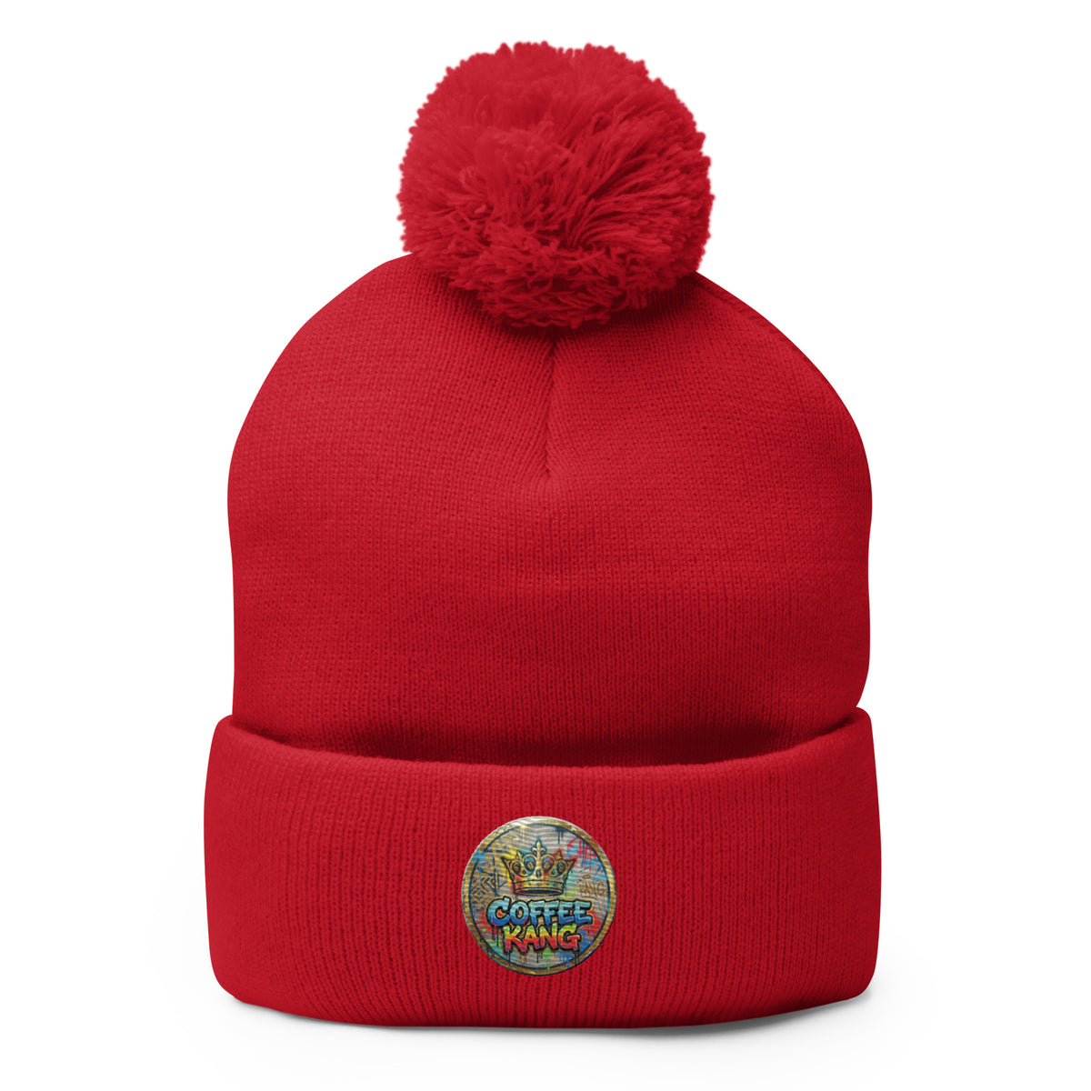 Red pom-pom beanie knitting with a fold-over cuff and a &