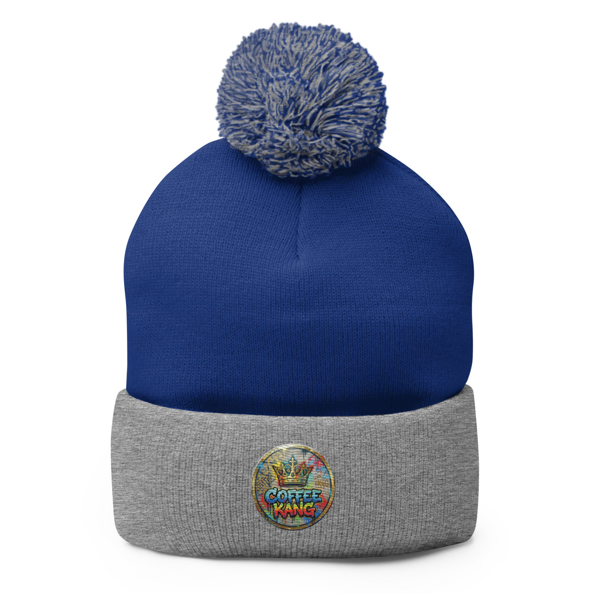 pom-pom beanie knitting featuring a blue hat with a pom-pom and a gray cuff, ideal for cold weather.
