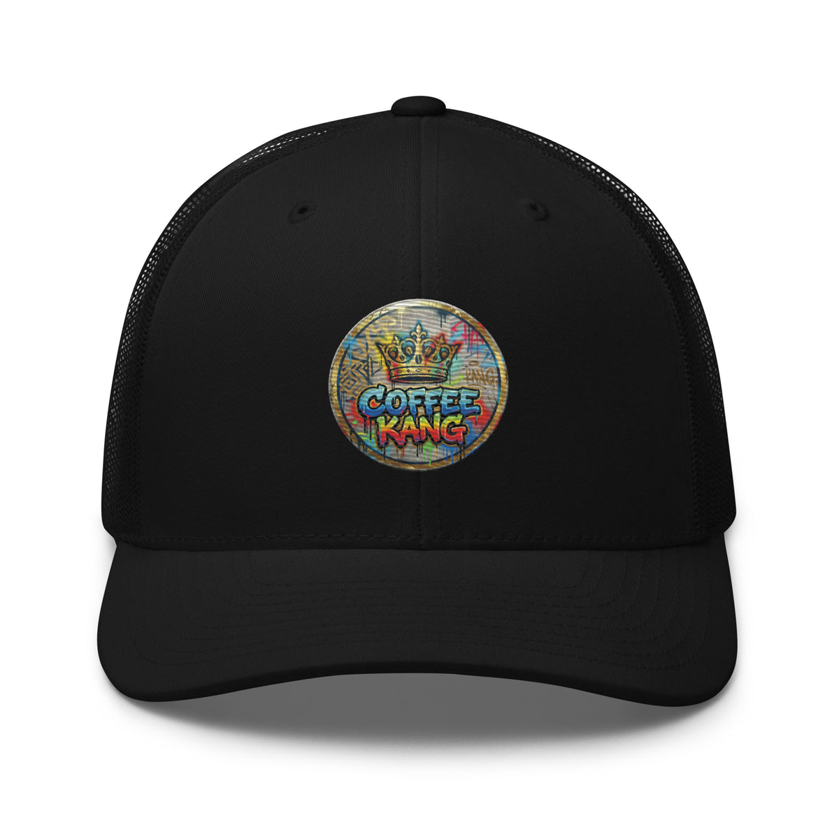 trucker cap with mesh back featuring Coffee Kang design on black fabric.