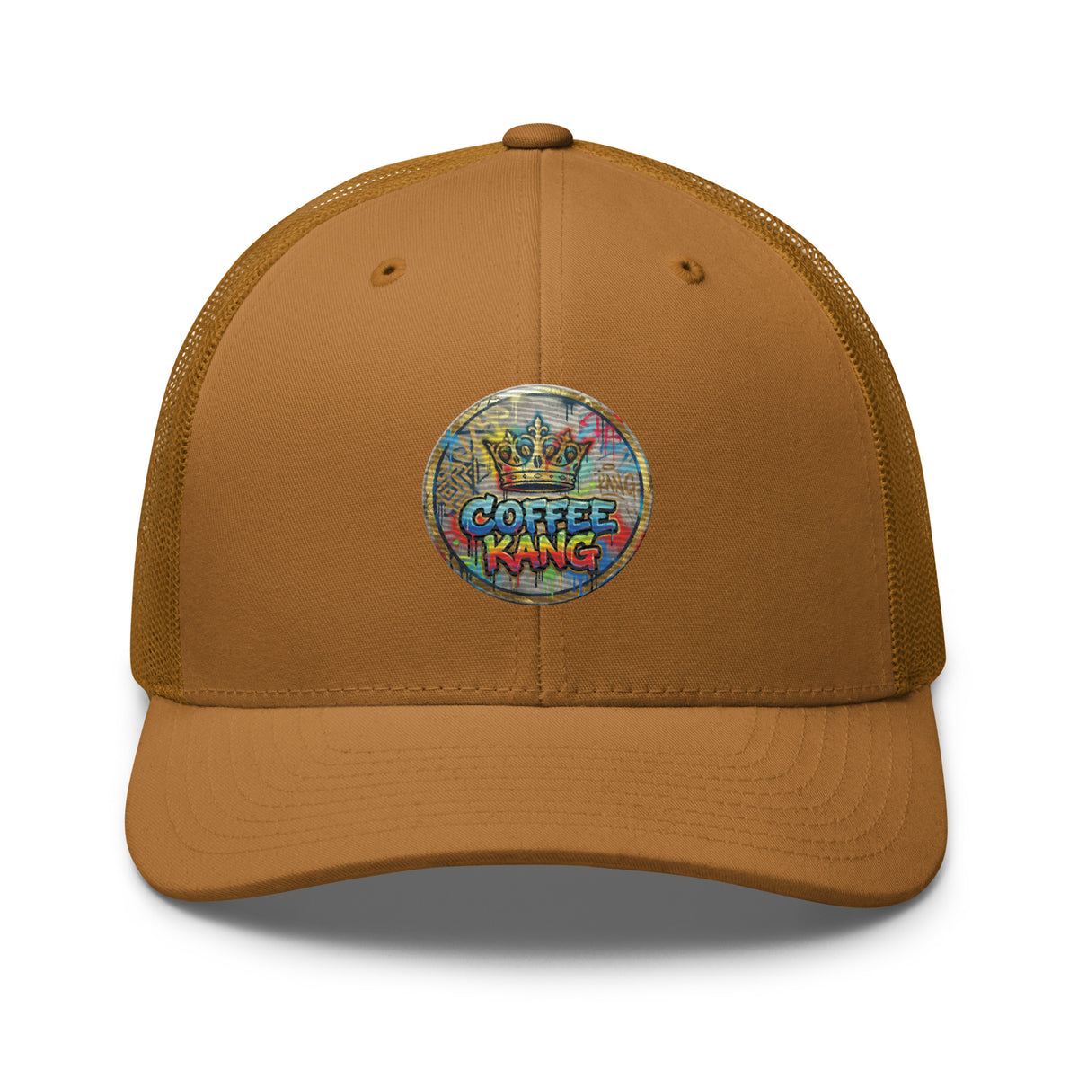 trucker cap with mesh back featuring a colorful Coffee Kang logo on a brown cap.