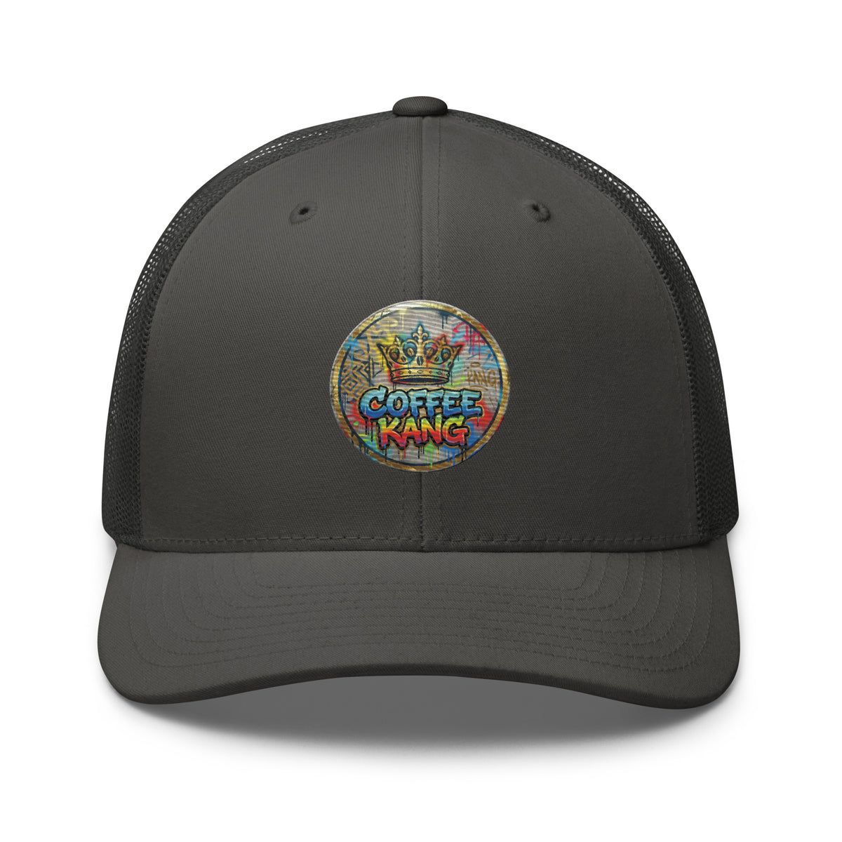 trucker cap with mesh back featuring a colorful "Coffee King" graphic and a structured design.