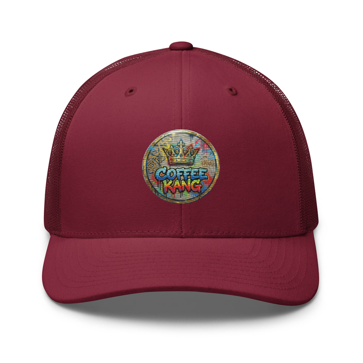 trucker cap with mesh back featuring Coffee Kang logo on a burgundy background