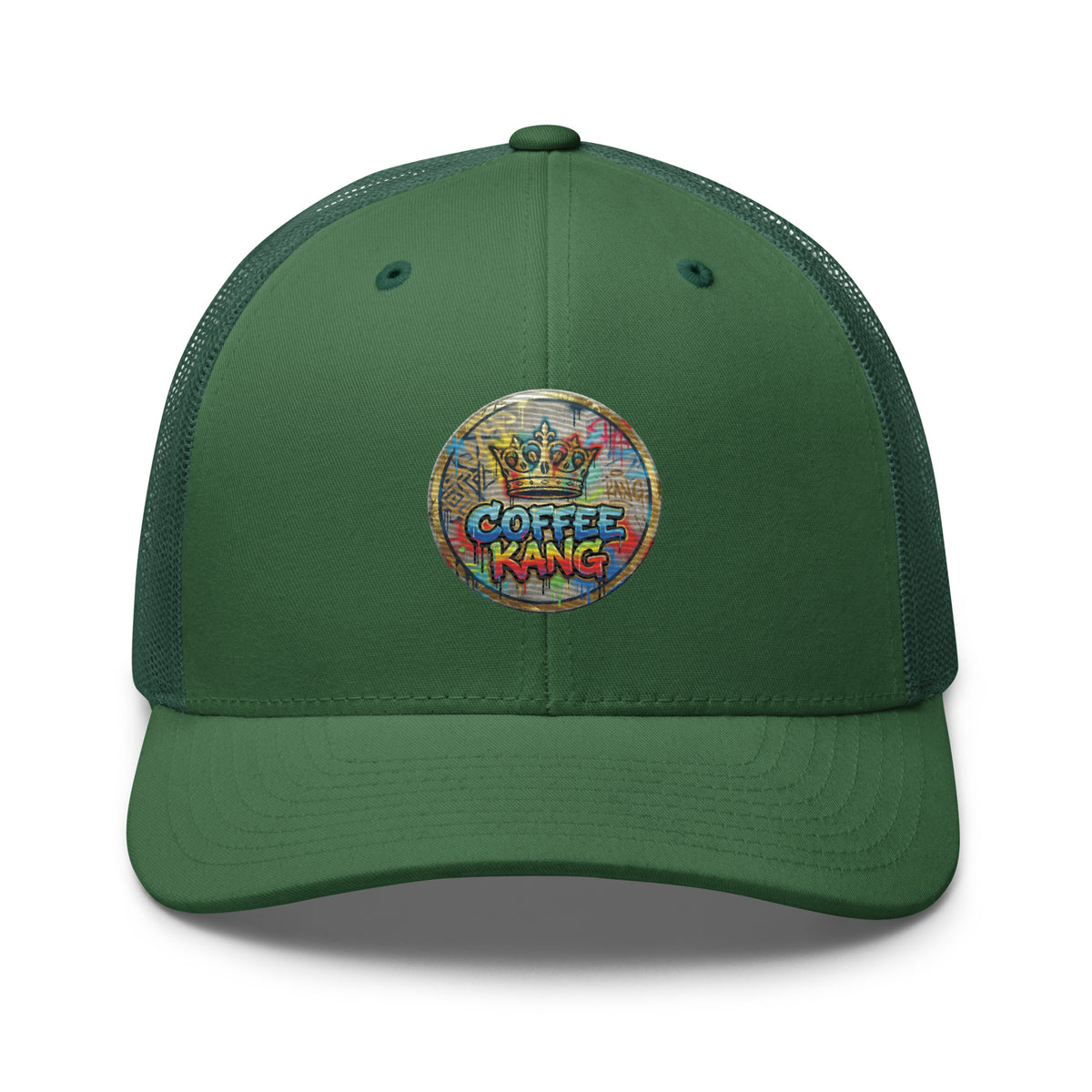 trucker cap with mesh back featuring a colorful Coffee Kang logo on the front.