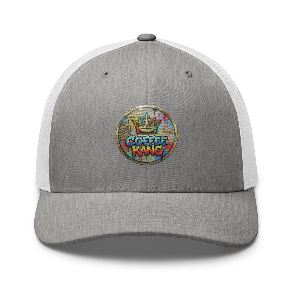 trucker cap with mesh back featuring Coffee Kang logo on a gray background.