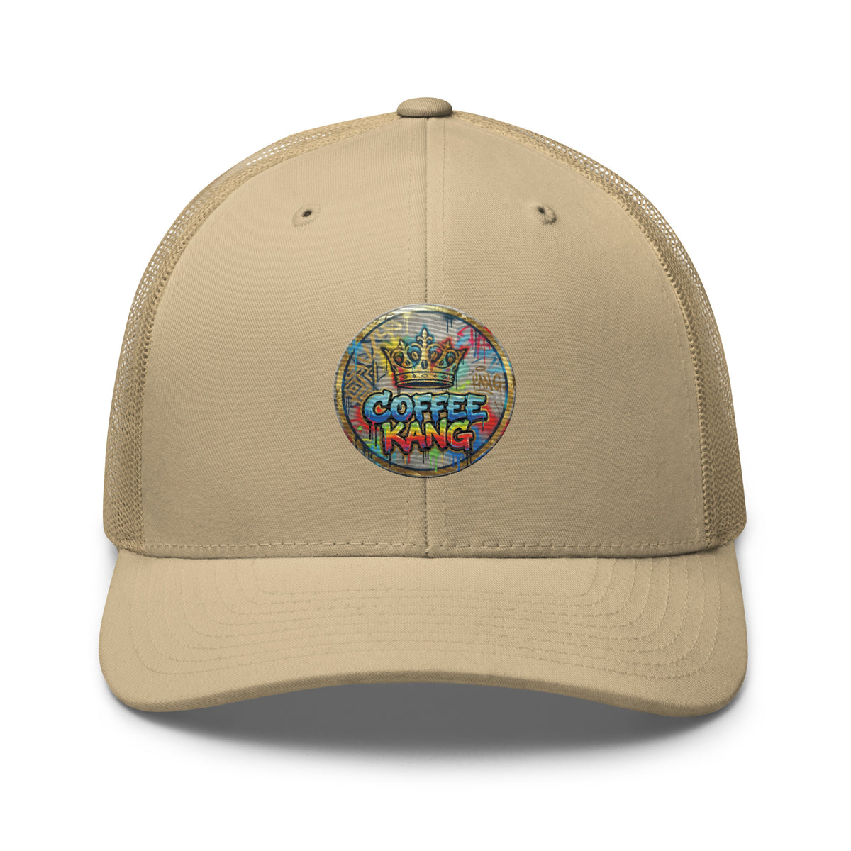 Trucker cap with mesh back featuring Coffee Kang logo, structured six-panel design, perfect for sunny days.