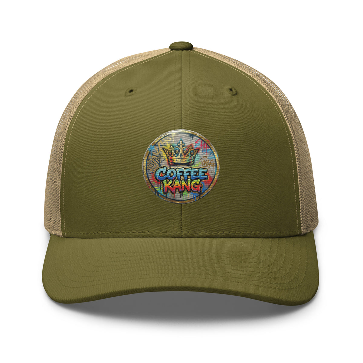 trucker cap with mesh back featuring Coffee Kang logo in vibrant colors on front
