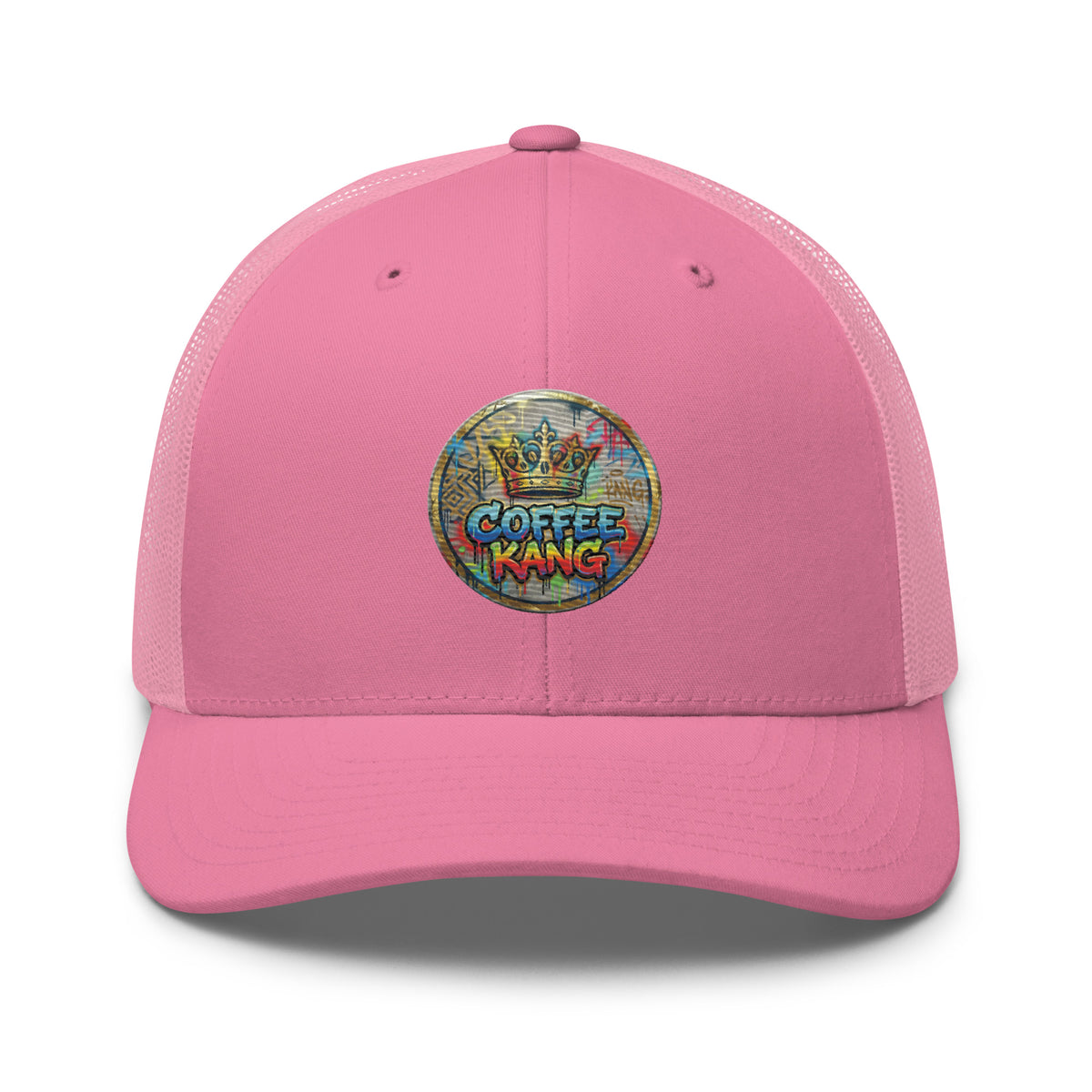 trucker cap with mesh back in pink featuring Coffee Kang logo on the front.