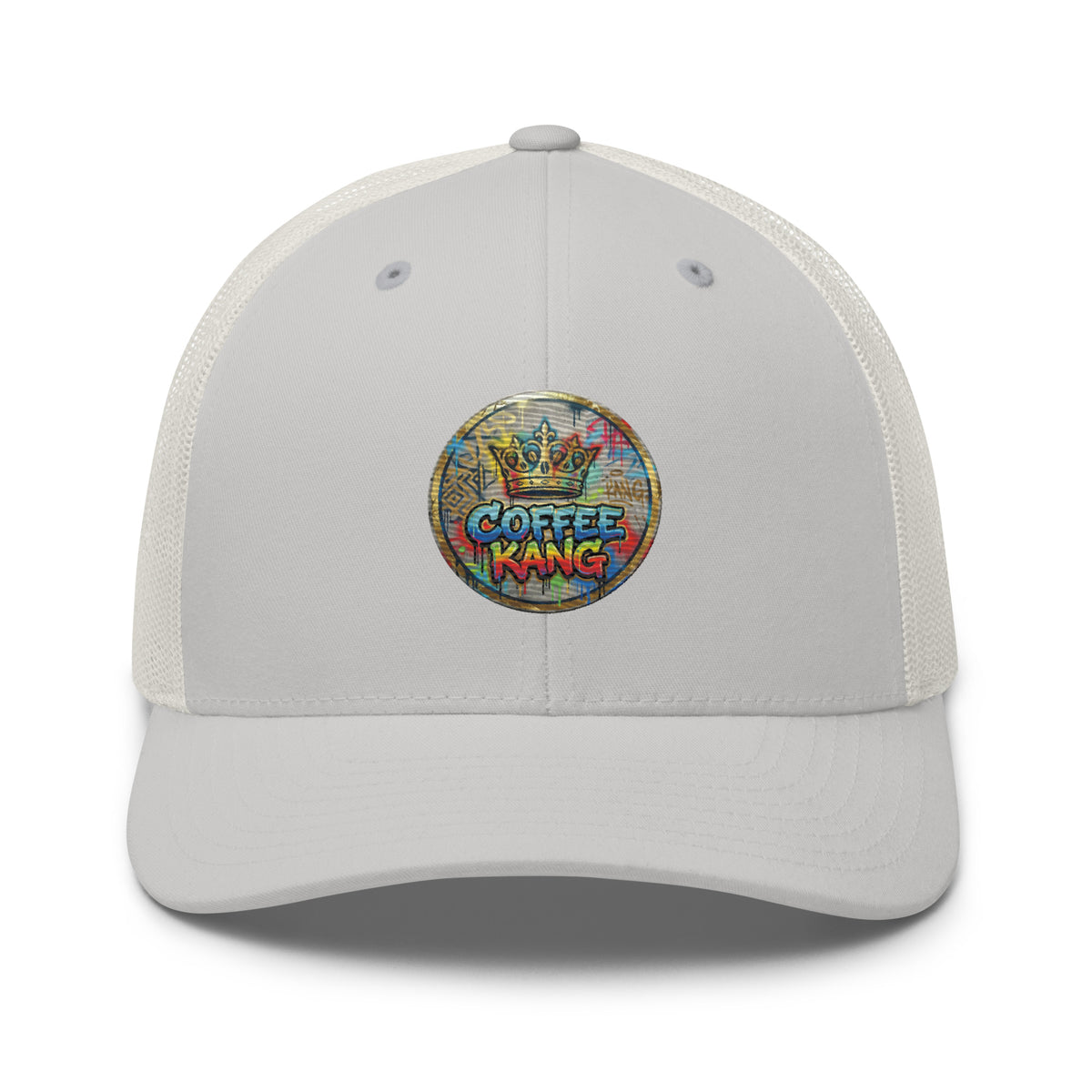 trucker cap with mesh back featuring Coffee Kang logo on the front, perfect for stylish sun protection.