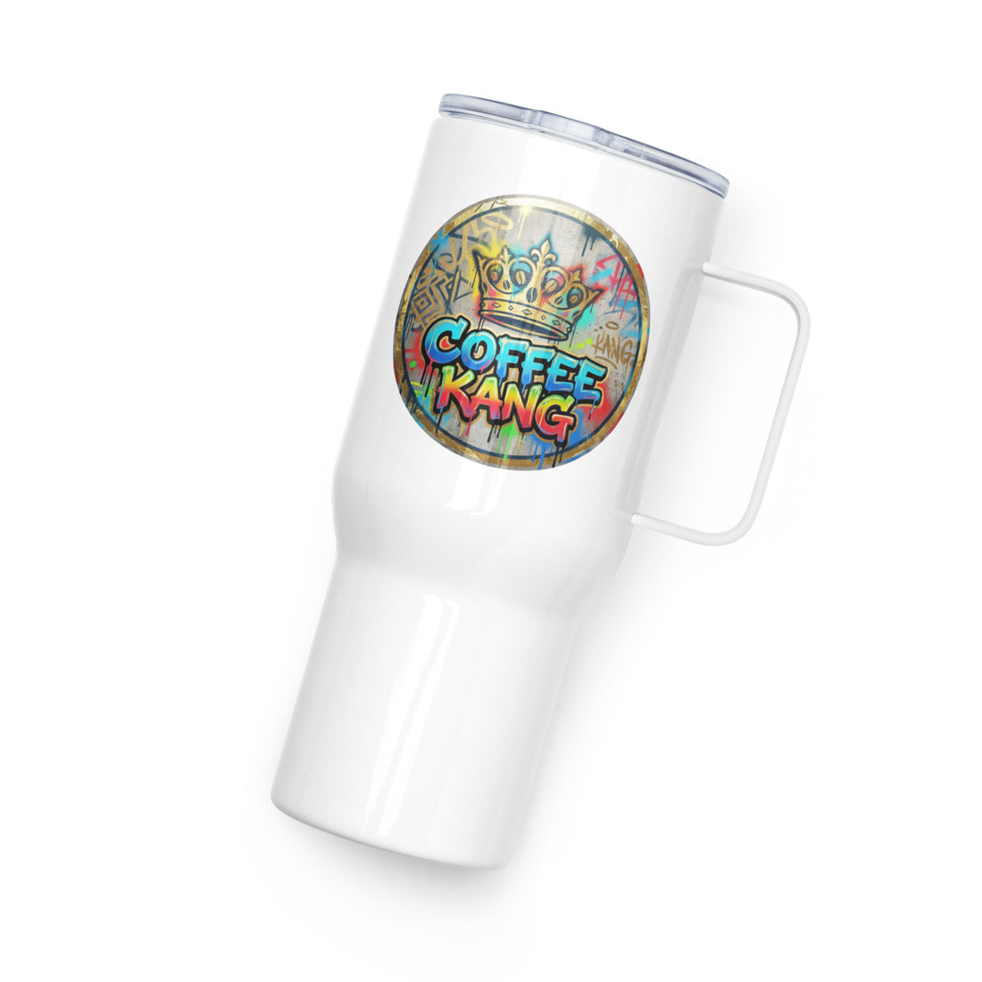 Travel mug with a handle featuring the design &